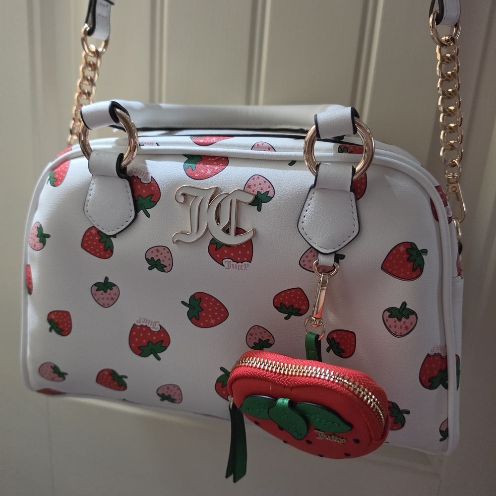 Juicy Couture White Strawberry Print Dome Satchel Bag With Strawberry Coin Purse